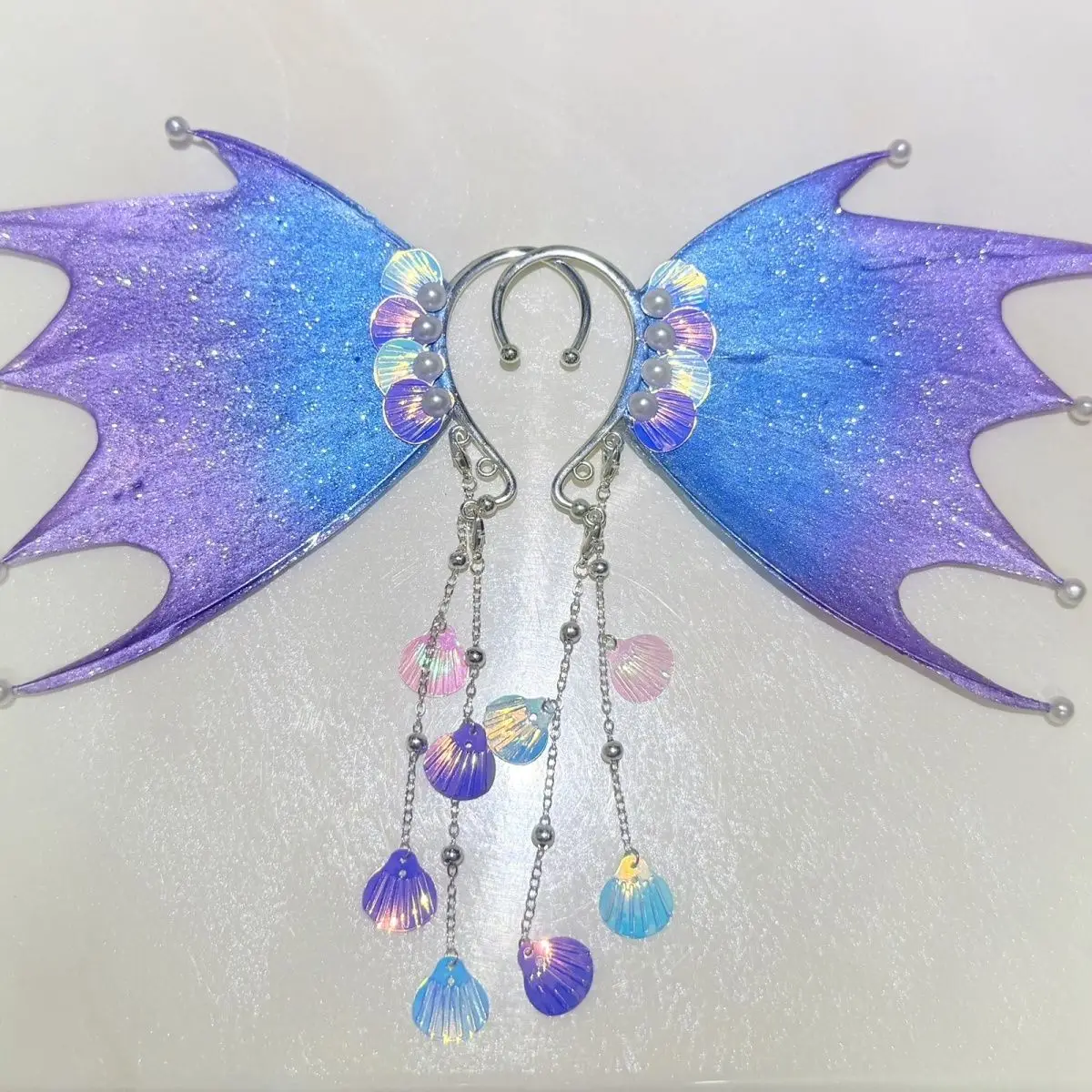 Blue Purple Gradual Change Mermaid Elf Ear Hanging No Ear Piercing Clip Glitter Tassel Shell Earrings Hanfu Lolita Accessories