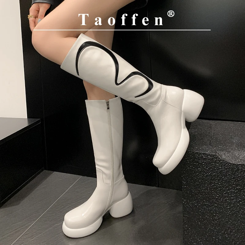 

Taoffen Real Leather Women Long Modern Boots Mix Color Winter Women's Shoes Fashion Casual Ladies Knee Boots Footwear Size 34-40