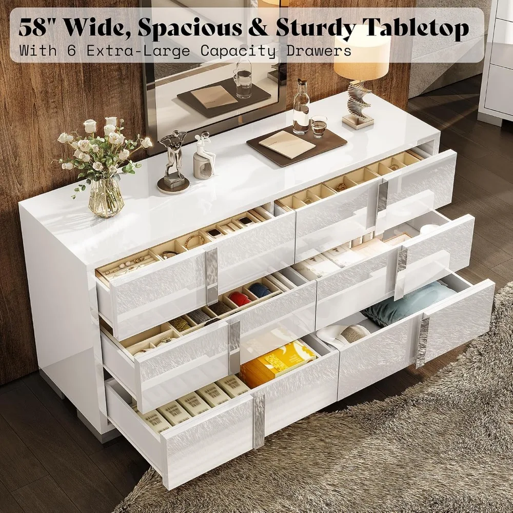 54" W High Gloss 6 Drawers Dressers with Silver Grooved Handles, Modern Storage Chest of Drawers with Wide Tabletop, White