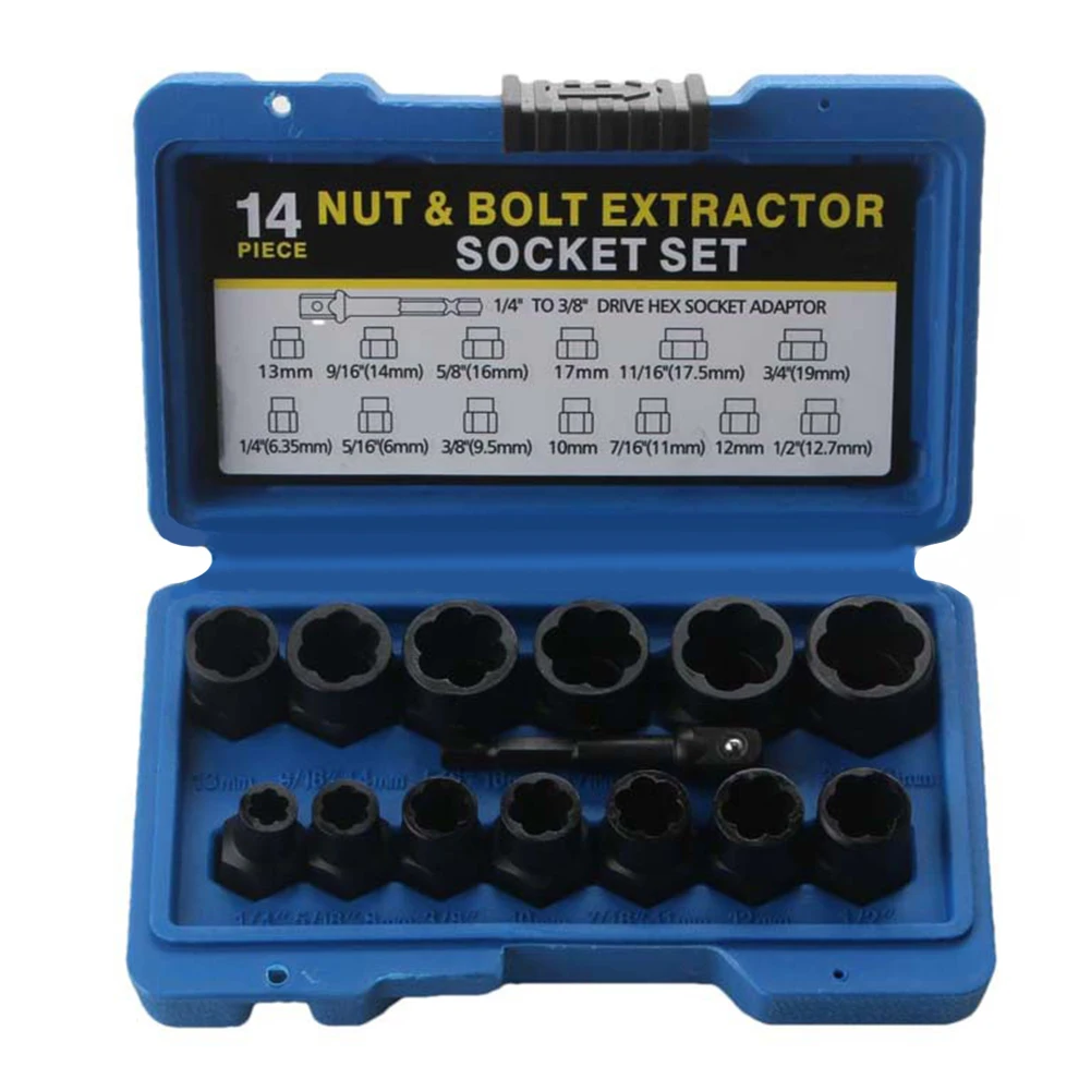 14pcs Screw Bolt Extractor Set Bolt And Nut Removal Wheel Lock Remover Hex Socket Adaptor Damaged Bolt Threading Tool Set