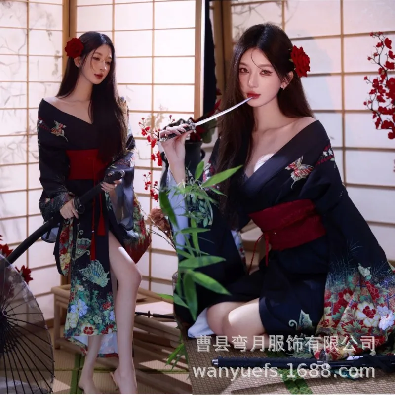 Kimono Dress Traditional Sleeve Retro Improved Photography Japan Dark Japanese Photo Yukata Girl Photo Clothing