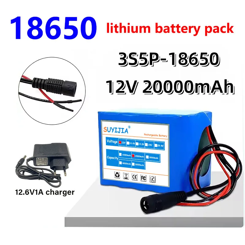 

New 12V 20000mAh 18650 3S5P Lithium Battery Pack with Built-in High-capacity 20Ah BMS, Suitable for Low-power Electronic Devices