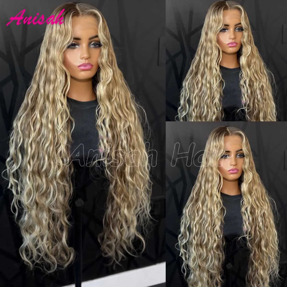 Platinum Blonde Highlight Water Wave Lace Front Wig Human Hair Pre Plucked Glueless Lace Closure Wigs For Women