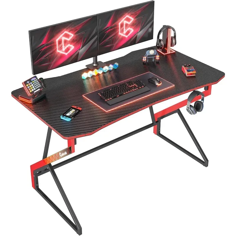 

Gaming Desk Z Shaped Gamer Workstation, Home Computer Carbon Fiber Surface Gaming Desk PC Table with Headphone Hook