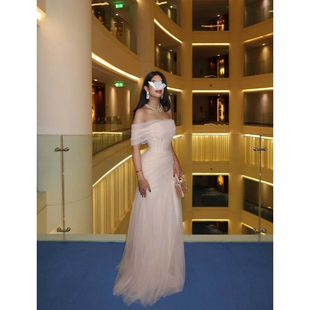 

Blush Off Shoulder Prom Dresses with Ruched Tulle Bodice and Mermaid Floor Length Skirt Customized Formal Evening 2026