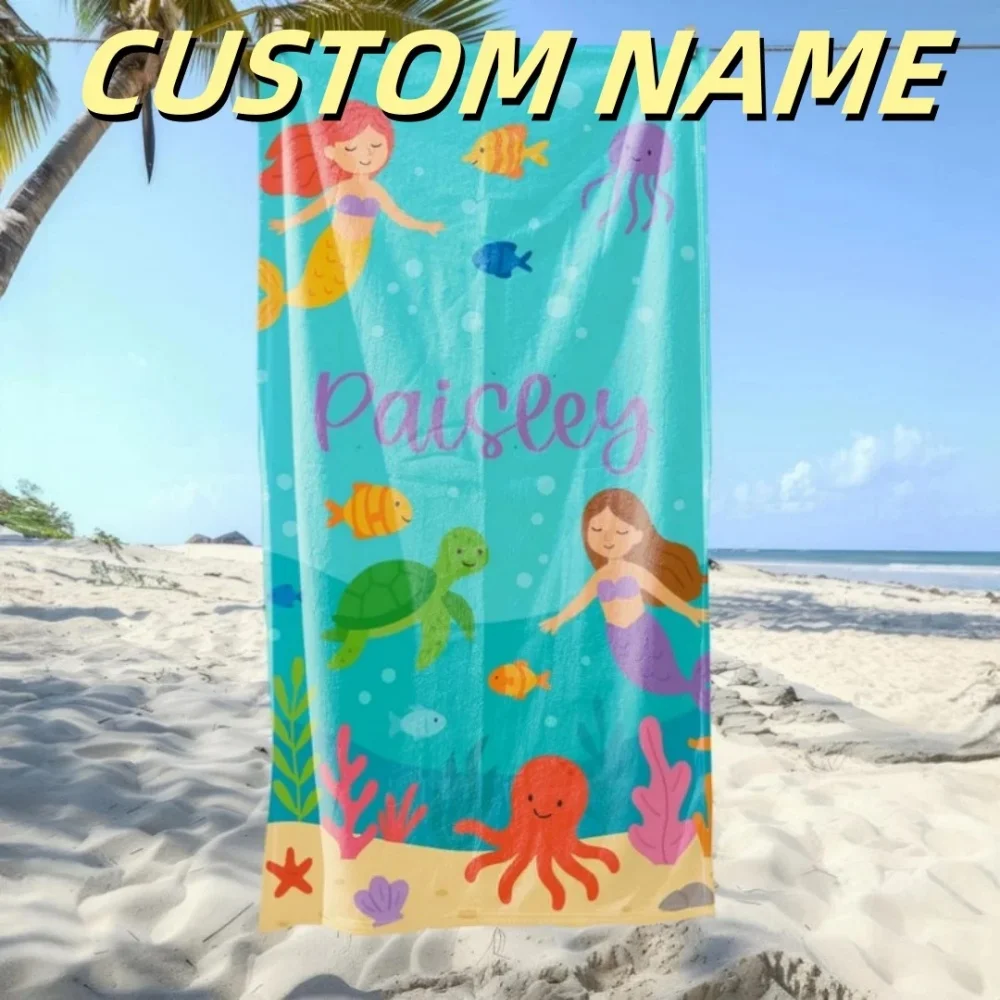 Cute Cartoon Custom Name Beach Towels Personalized Lightweight Polyester Towel For Kids Child Gifts Quick-Drying Bath Towels