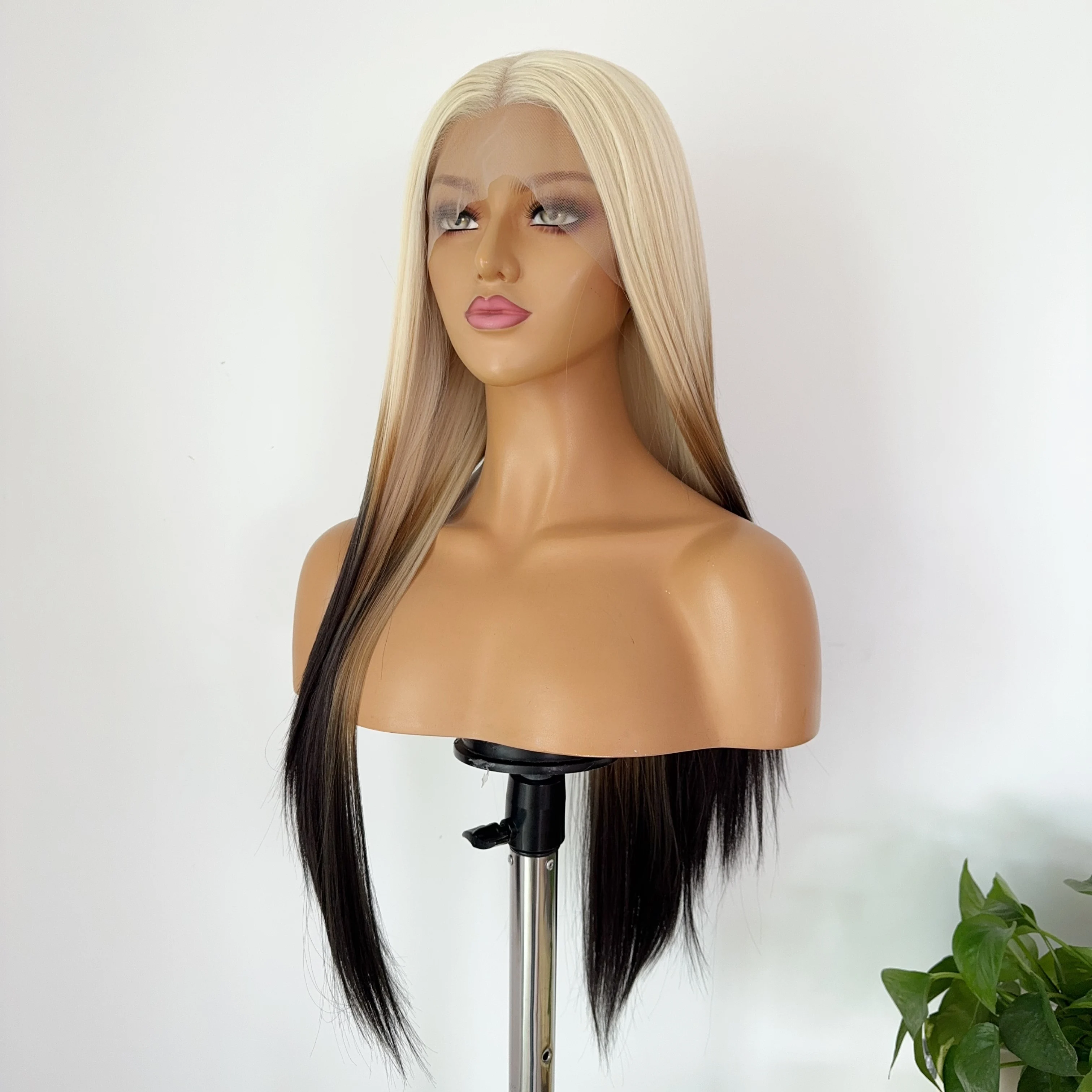 オンブレブラウンゴールドレースウィッグ 女性用 26インチ HDロングストレート 13×4 ナチュラルフロントレース 高品質合成繊維 コスプレ用