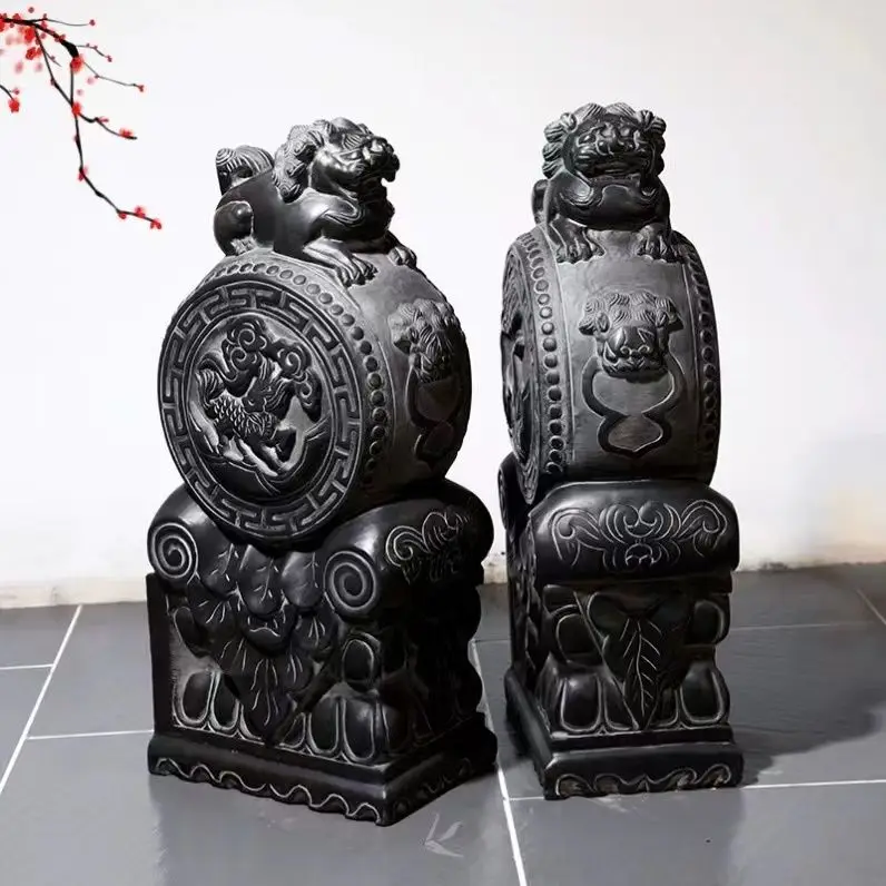 Door pier holding drum bluestone elephant unicorn pair of stone carving town house door ornament