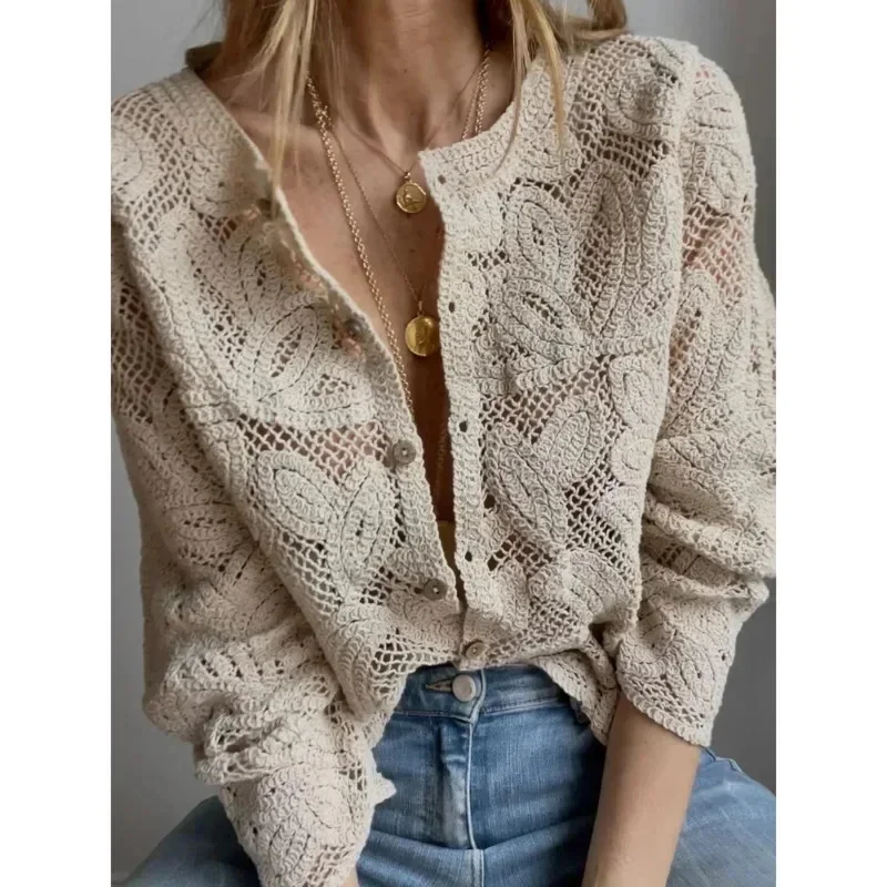 

Women Elegant Lace Hollow Out See Through Shirts Vintage Single Breasted Long Sleeve Blouse Fashion Female Commuting Streetwear