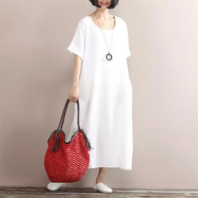 

2026 Summer Simple Cotton Linen Dress Women Solid Casual Split Long Dress O-Neck Short Sleeve Sundress vestido de gala branco