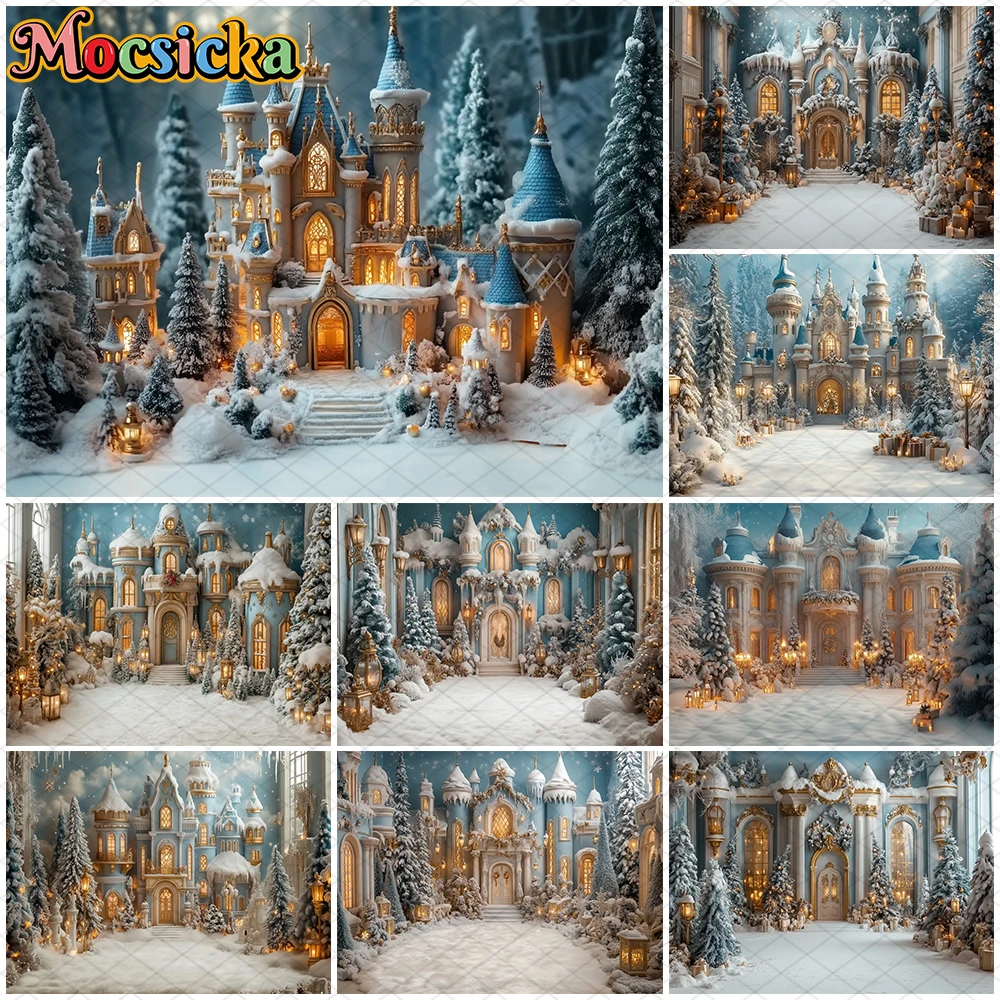

Mocsicka Winter Castle Photography Backdrops Christmas Tree Snow Decors Family New Year Party Photo Backgrounds Studio Wallpaper