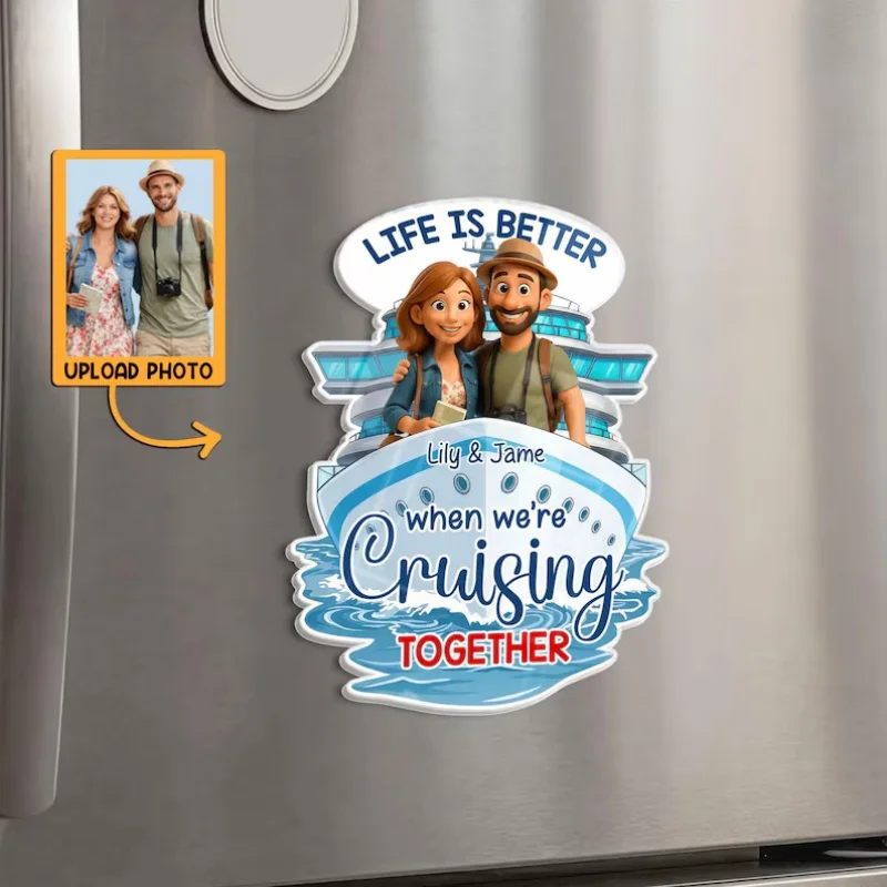 Custom Photo Cruise Ship Personalized Couple Name Refrigerator Sticker Travel Memory Souvenir Gift For Lover Family Vacation