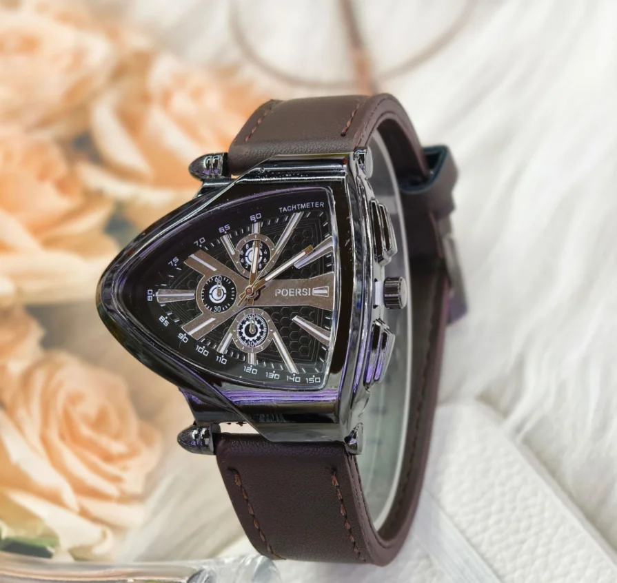 New Fashion Luxury Man Triangular Hollow Silicone Fake Mechanical Watch Leather Watch Men Business Sports Quartz Watches Clock