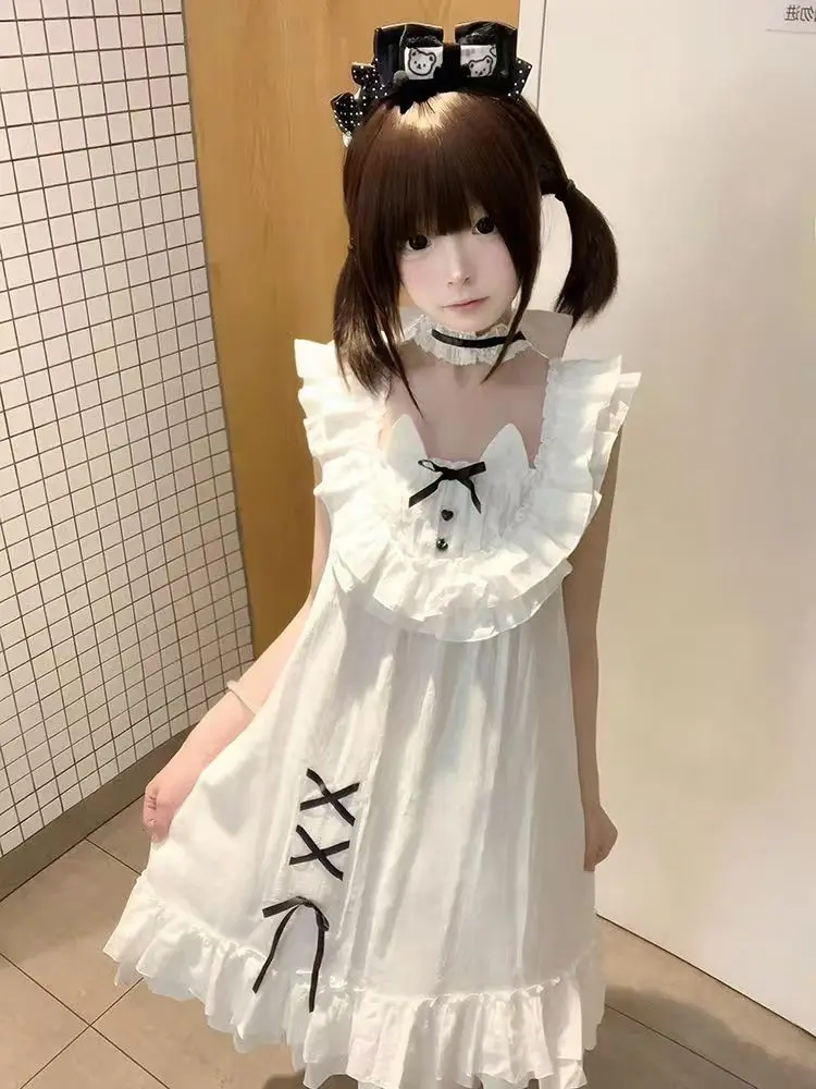 Kawaii فستان الدانتيل المرأة موضة لوليتا عادية القوس نفخة الأكمام الدانتيل فساتين حلوة صيف جديد اليابانية لوليتا وتتسابق 2025 جديد