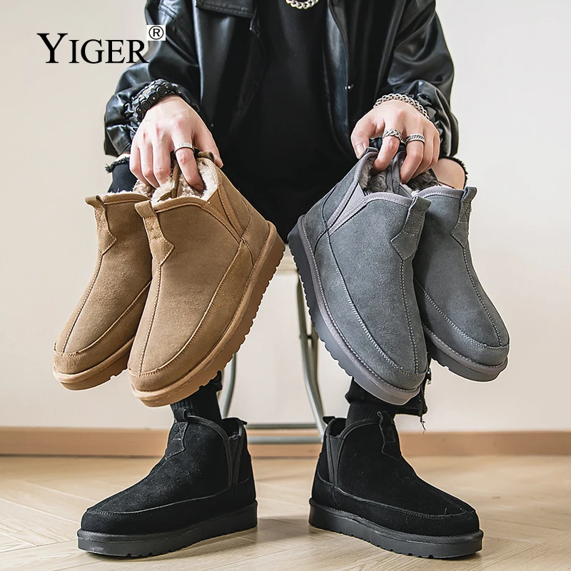 YIGER Men\'s Snow Boots Outdoor Winter Warm Fur Chelsea Boots Man Ankle Boots Basic Cotton shoes Trendy fashion high top shoes