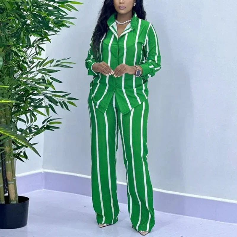 African Fashion 2024 Women Two Piece Set Casual Striped Button Long Sleeved Shirt Wide Leg Pants Two Piece Set Women