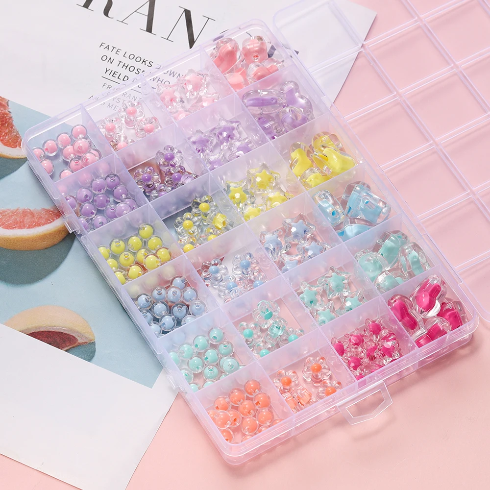 1Box Heart Acrylic Beads Flower Round Spacer Loose Beads Kits For Bracelet Keychain Jewelry Making Kits Accessories