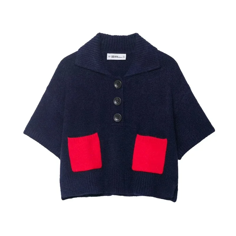 Retro minimalist pocket contrasting sweater with lazy style pullover knitted sweater top Korean version inner layer sweater