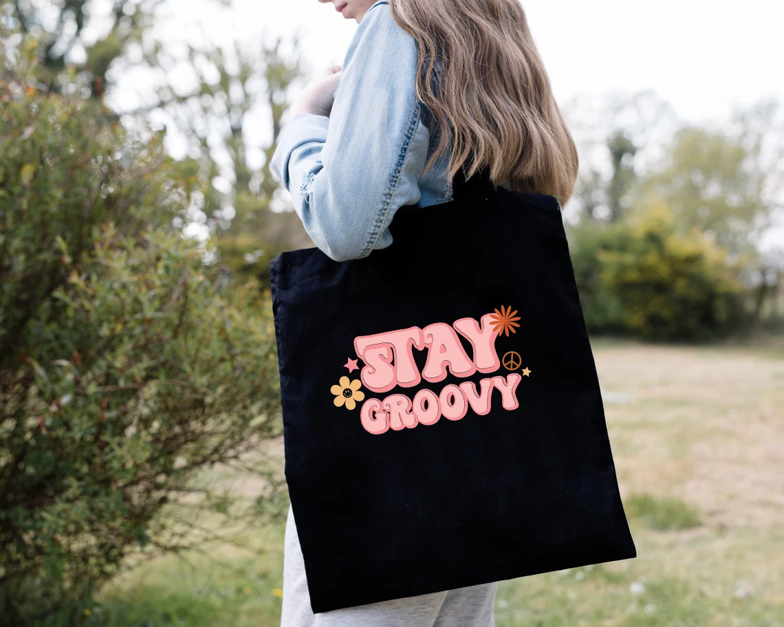 Stay groovy canvas tote bag retro women inspirational hippie shopping bags