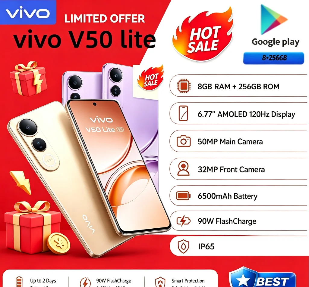 Value Pick 2026 Global Version VIVO V50 Lite Android Smartphone 8GB RAM 256GB ROM 6.58'' Immersive Full‑View Display Dual 64MP