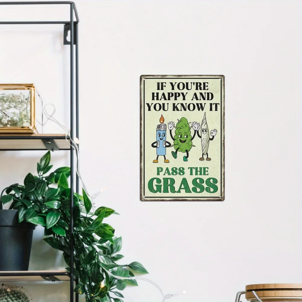 

Vintage-Inspired Metal Wall Art Sign - 'If You're Happy, Know It Through The Grass' - Perfect for Home, Easy Hang