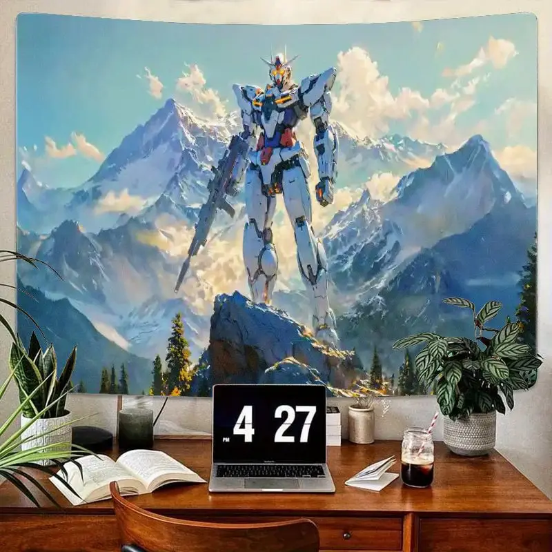 

1 шт., настенный гобелен в стиле аниме Gundam, гуманоидный робот на скальной горе, пике, снежное покрытие, гори, небо, фон, футуристический эстет