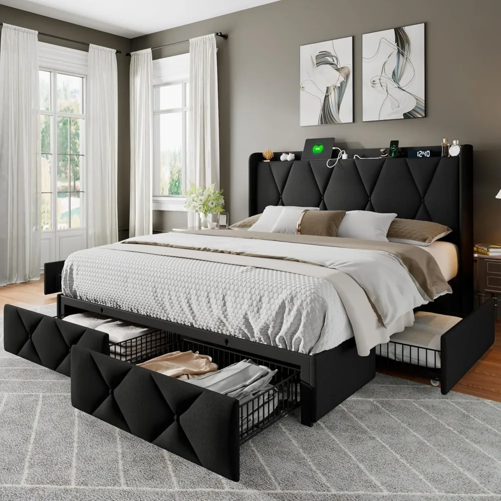 Queen Bed Frame with 4 Storage Drawers, Upholstered Platform Beds, Wingback Storage Headboard, Queen Size Bed Frame