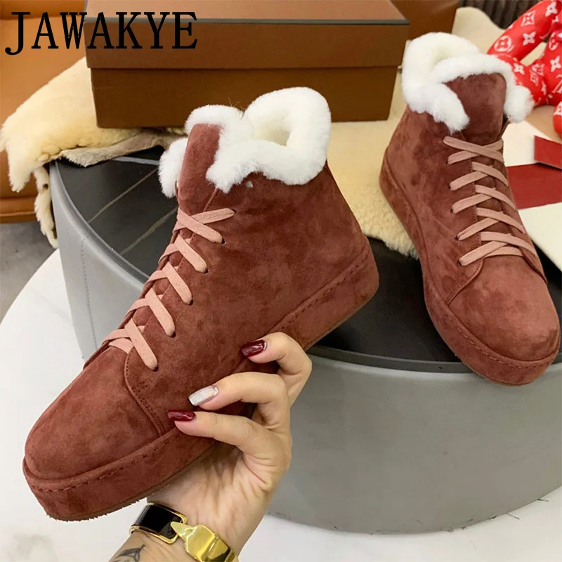 Winter Warm Plush Snow Boots Fur inside Kid Suede Lace up Ankle Boots Round Toe Thick Bottom Platform Boots Women's shoes mujer