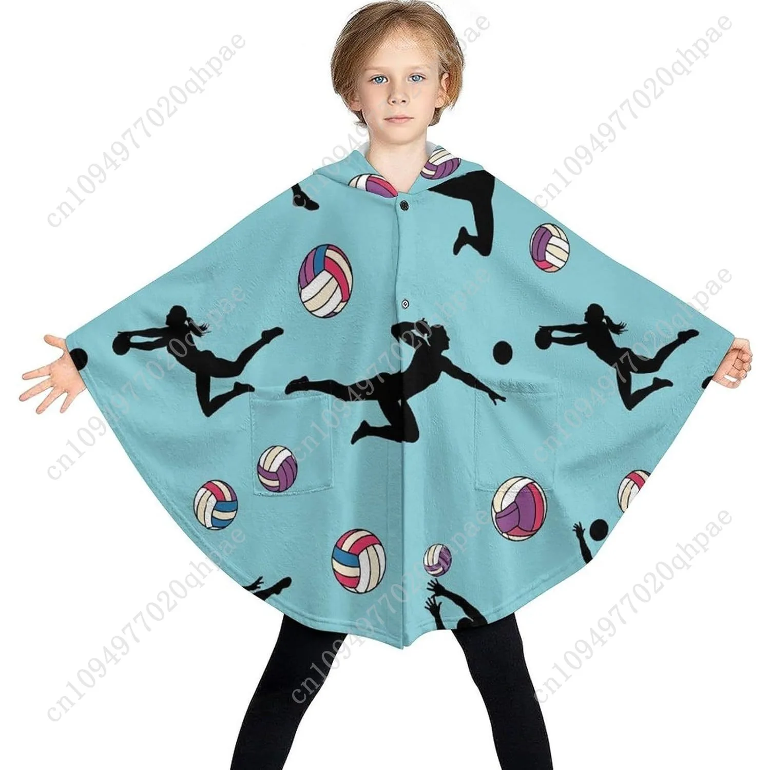 سترة بطانية مريحة من الفلانيل، صور ظلية لعازفي الكرة الطائرة، هوديي كبير الحجم مع جيوب للأطفال والمراهقين #3