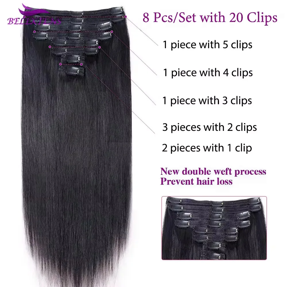 Clips Hair Natural Human Weaving Human Hair Extension Hair Natural Human Extension Clip Human Hair  8 PC/set 120 Grams