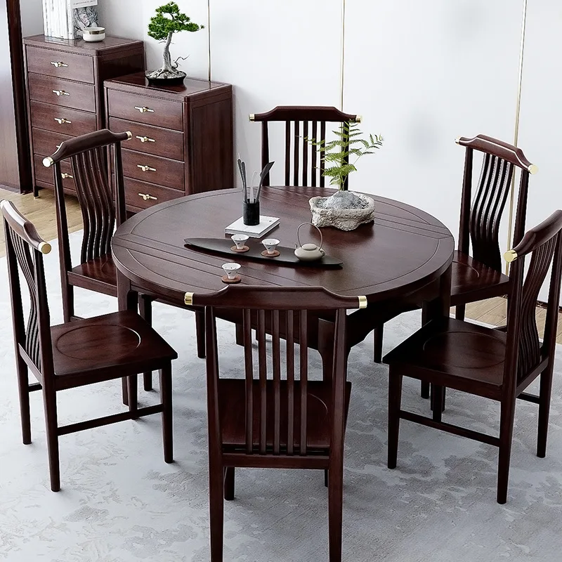 New Chinese-style solid wood dining table and chair combination, purple gold sandalwood telescopic folding variable round table