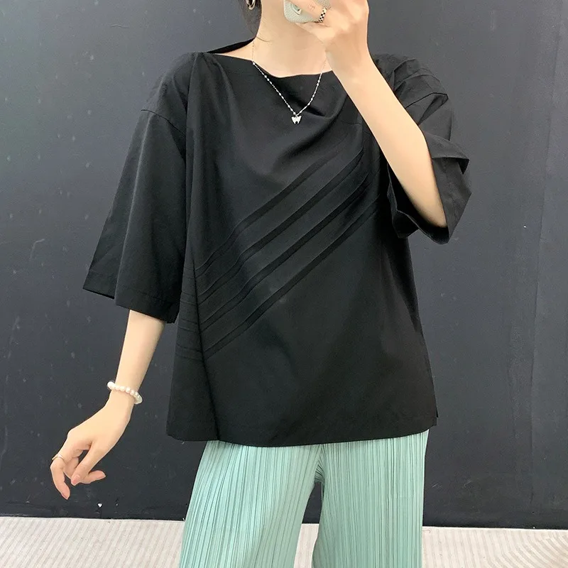 

Miyake Pleated Simple Plisse T-Shirt 2026 Spring Summer New Fold Fabric Round Neck Printed Loose Pleats Versatile Top T-Shirt