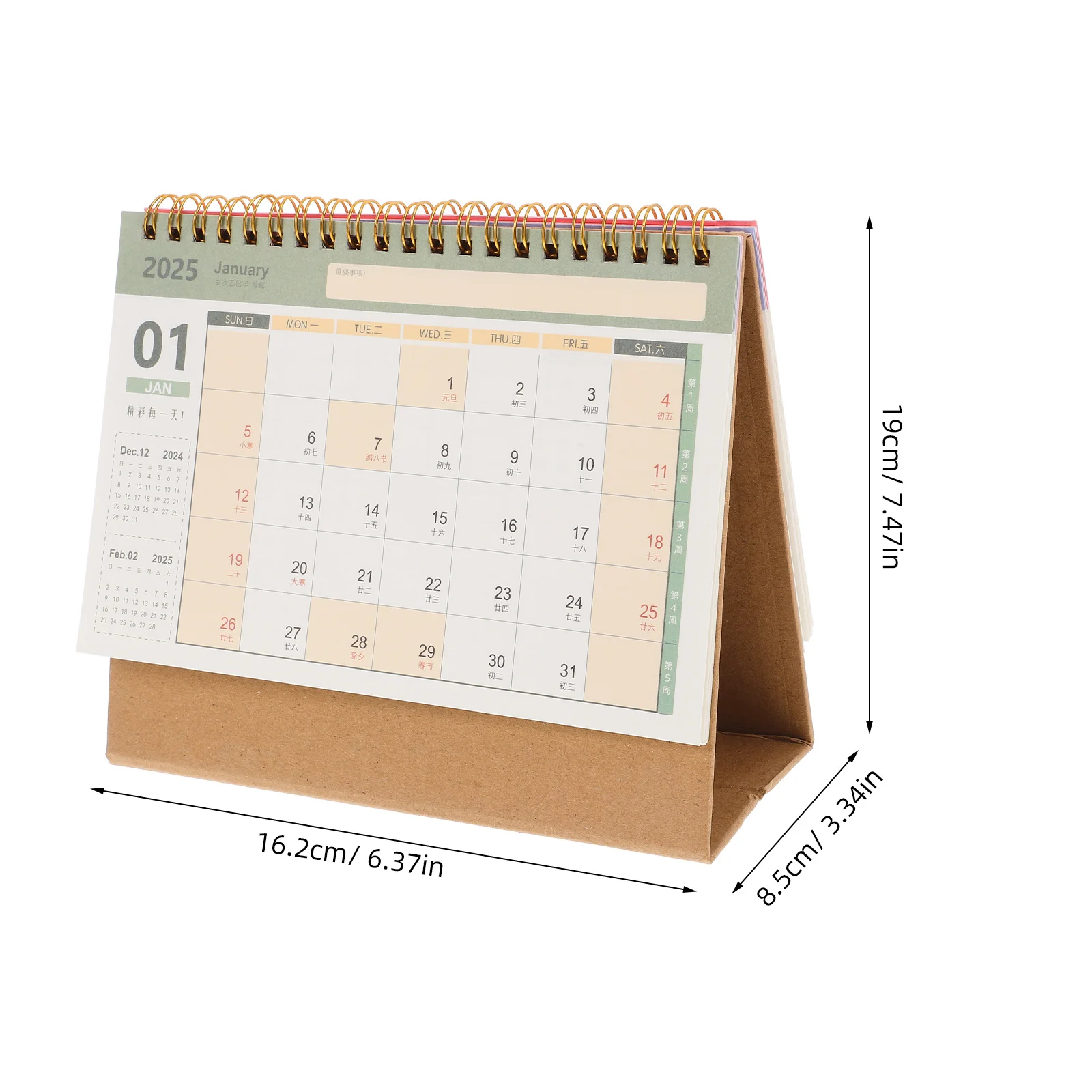 Escritorio pequeño de 2025, escritorio mensual de papel grueso, encuadernación de bobina fácil para oficina, hogar, aula, calendario abatible de pie