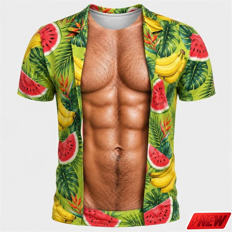 Summer Men's Tropical Fruit Fake Muscle Optical Illusion T-Shirt Banana Watermelon Leaf Print Short Sleeve Funny Beach Party Tee