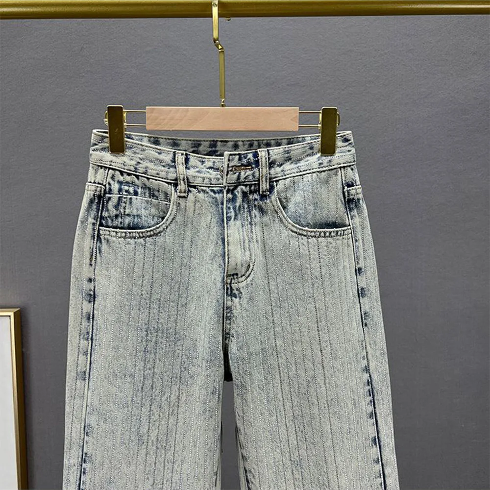 Schicke Hot Drill Baggy Jeans Frauen neue Sommer gerade lange Jeans hose Damen einzigartige Mode Pailletten gestreifte Hose weiblich