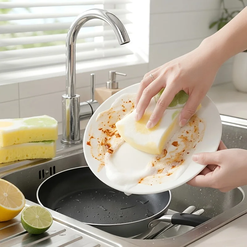 Kitchen Waist Wood Pulp Cotton Scouring Pad Lemon Pattern Double-Layer Dishwashing Sponge Wipe