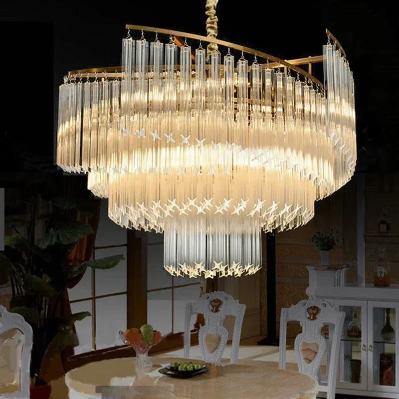 Mid Century Crystal Led Lights Luxury Villa Lobby Hanging Lamps Vintage Circular Pendant Chandeliers For Room Lustre Home Decor