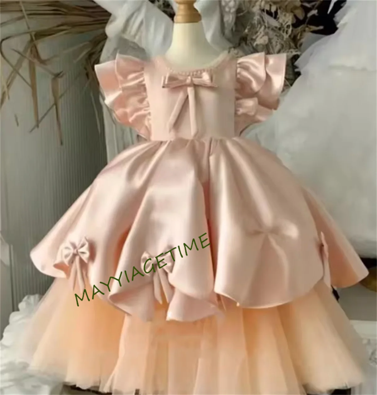 CustomPretty Fluffy Princess Flower Girl Dresses For Wedding Satin Tulle Pageant Gowns Baby Girl Birthday Party Dress