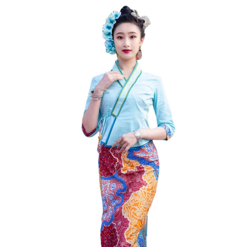 

Spring Summer Thailand Traditional Clothing for Women Tops Blouse Skirt Thai Restaurant Workwear Southeast Asian Clothes