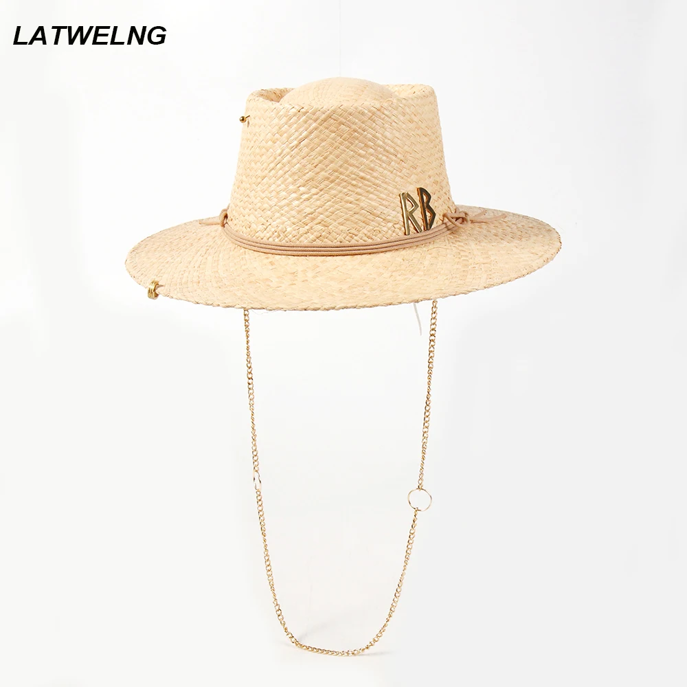 Luxury Designer Chain Straw Hats For Women Handmade Raffia Sun Hats Summer Shade Beach Hats Ladies Party Cap