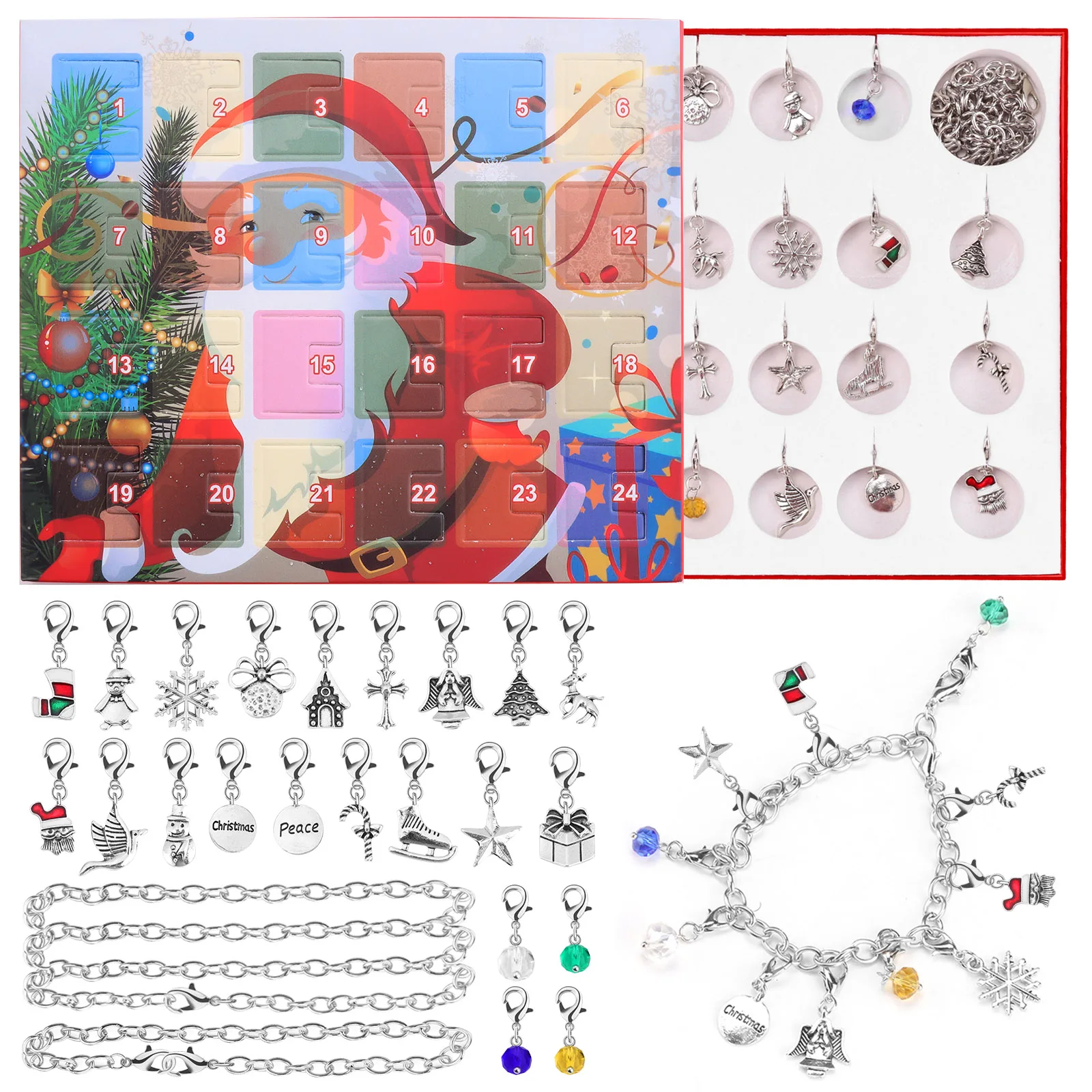 2020 24Days Christmas Countdown Advent Calendar DIY Charm Bracelet Necklace Jewelry Making Kit for Kids Children Xmas Gifts