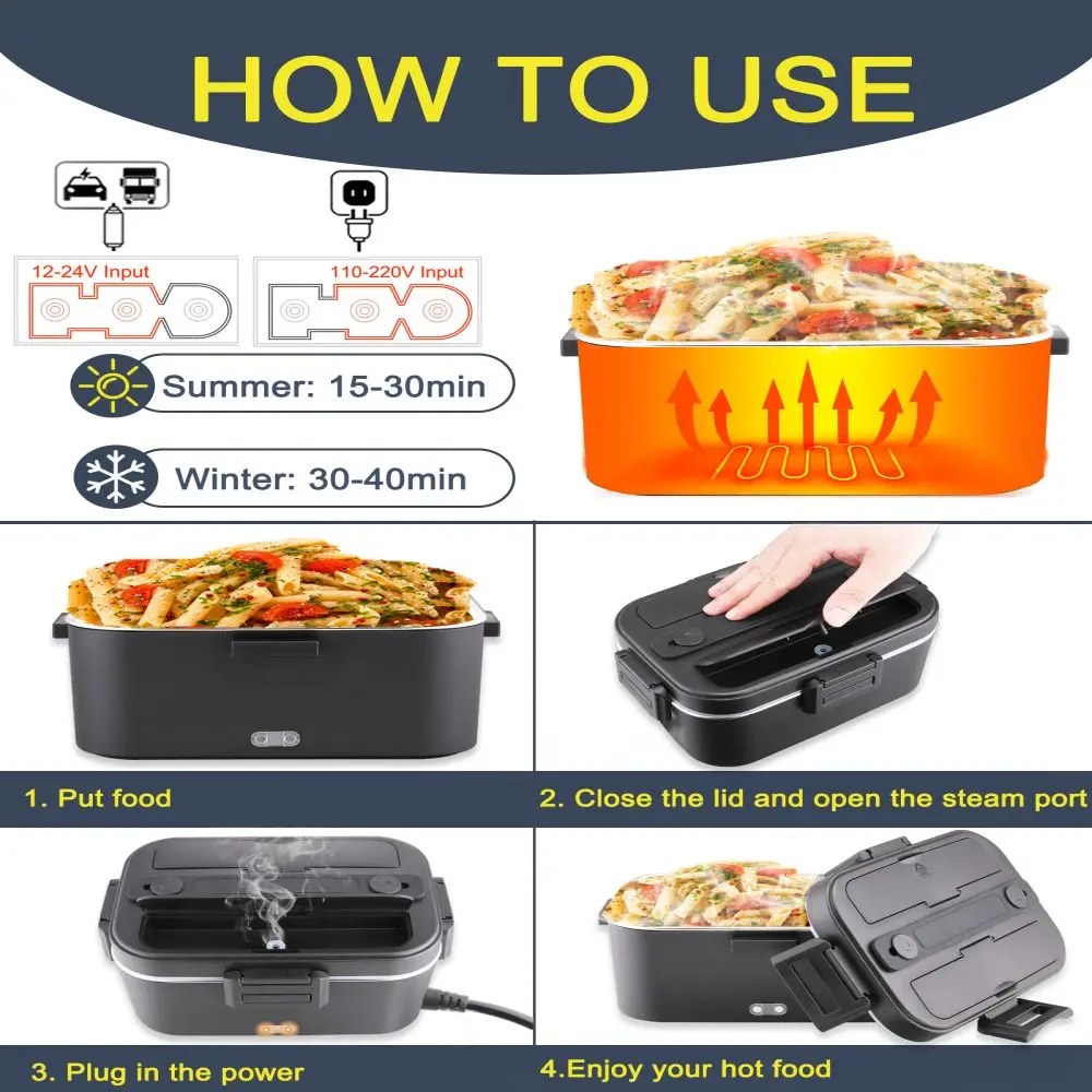 Electric Lunch Box 75W 1,8L Food Heater 3 in 1 Portable Leakproof Heated Lunch Box for Car/Truck/Office with Insulated Carry Bag