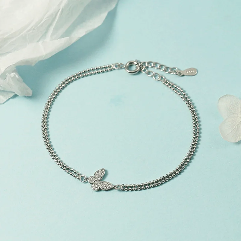 Sterling Silver Color Bracelets for Women Butterfly Charm Female Hand Chain Link Orignal Fashion Jewelry With Stamp