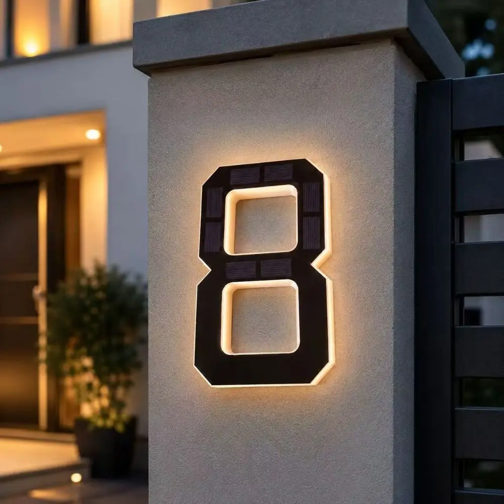 Solar Powered Solar House Numbers IP44 Waterproof LED Illuminated Lighted House Numbers Black Finish Light Up Design