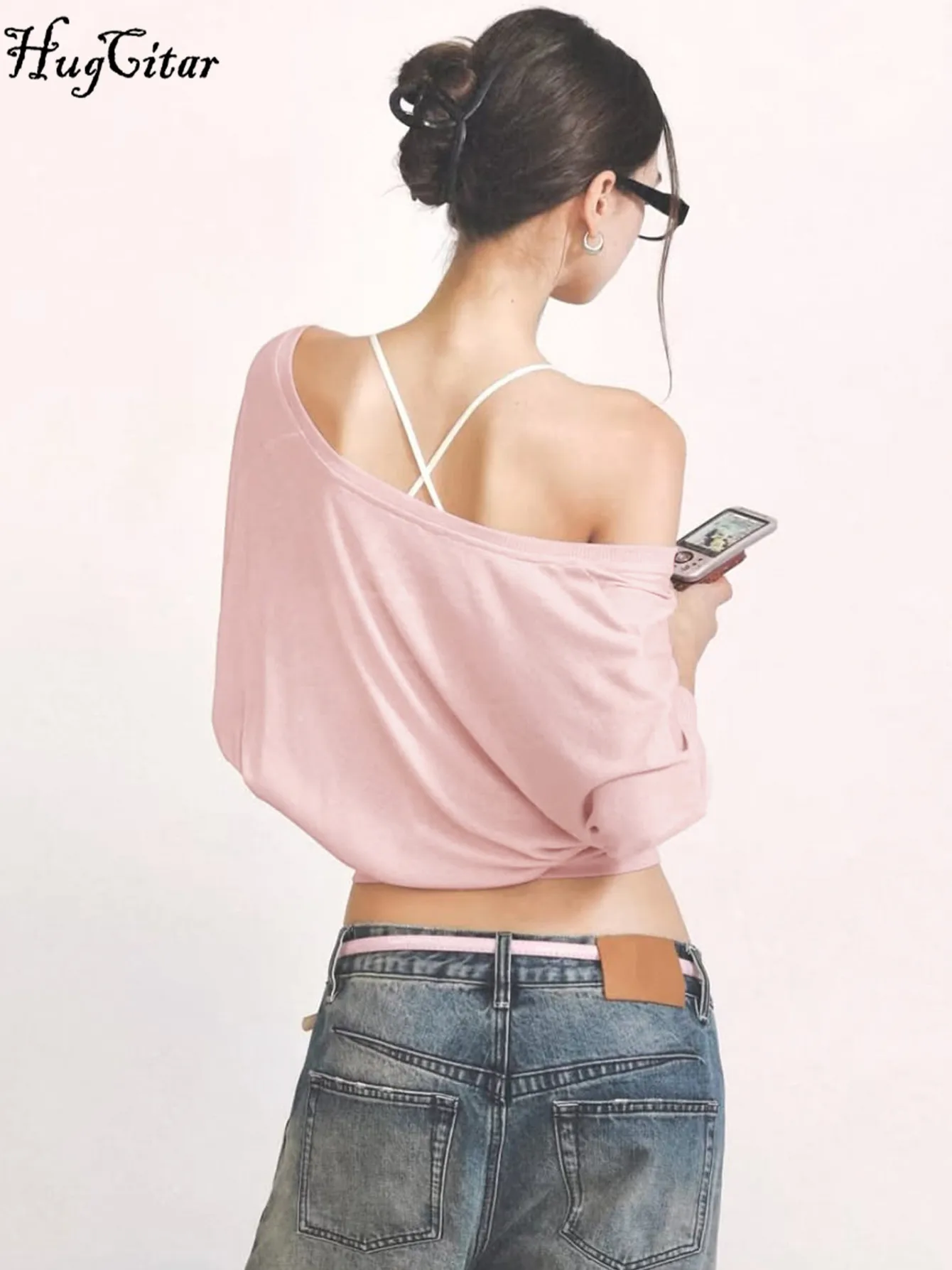 Hugcitar 2025 Autumn V Neck Solid Long Sleeve Sexy Oversize Crop T-Shirt Top Women Clothes Streetwear Party Vacation Club