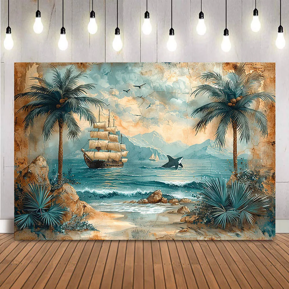 Photography Backdrop Shark Palm Trees Pirate TreasureBaby Kids Cake Samsh Photo Background Whimsical Ocean Theme Banner