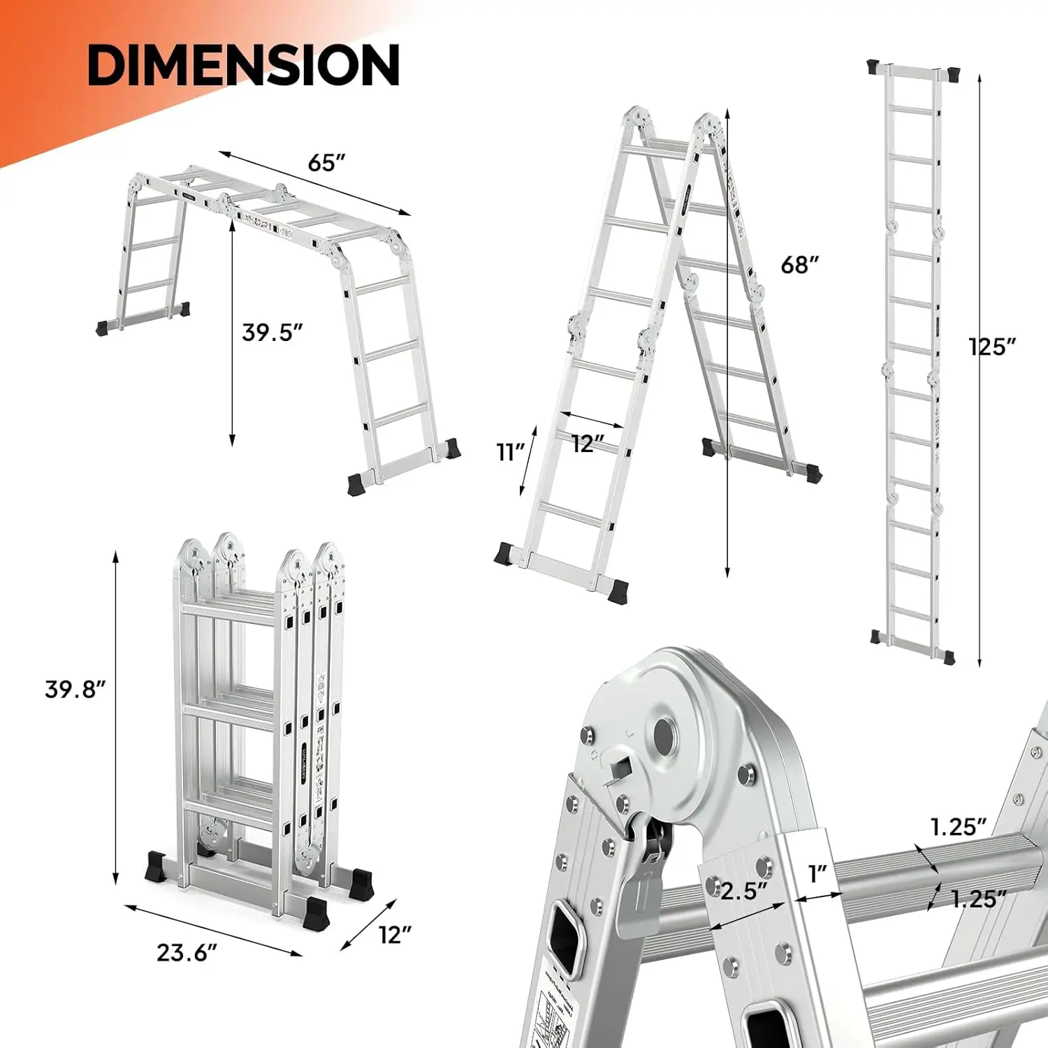 Tangga lipat multifungsi, ekstensi Aluminium 7 dalam 1 langkah tugas berat kombinasi standar EN 131 (12.5 kaki)