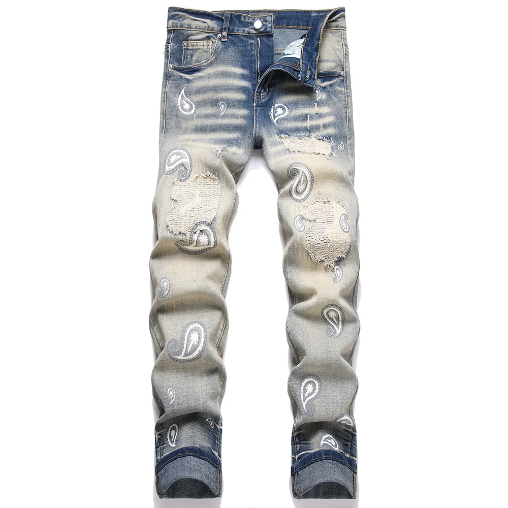 

Men's Bandanna Print Denim Jeans Streetwear Paisley Holes Ripped Distressed Pants Patch Patchwork Slim Straight Trousers