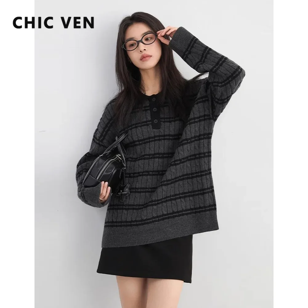 

CHIC VEN Women Knitted Sweater Loose Casual New College Style Contrasting Polo Collar Jumps Female Skirt Set Spring Autumn 2025