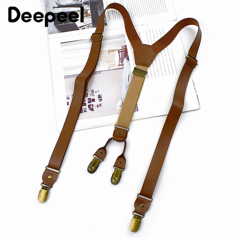 1 Stuk Deepeel 3*110Cm Heren Retro Bretels 4 Clips Unisex Lederen Y-Vormige Bretels Pu Antislip Casual Heren Beugels Sling Clip